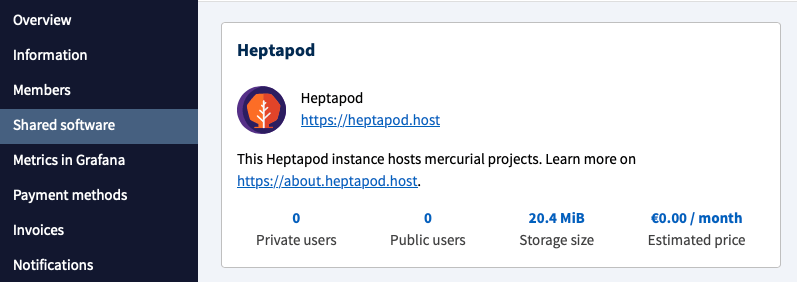 You can check your organisation's Heptapod usage in the Shared Software section A screen capture of the Heptapod billing section